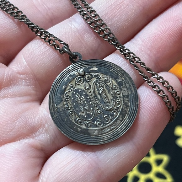 VTG Guilloche Enamel Rose Sterling Silver Catholic Religious Medal Necklace - Picture 4 of 8